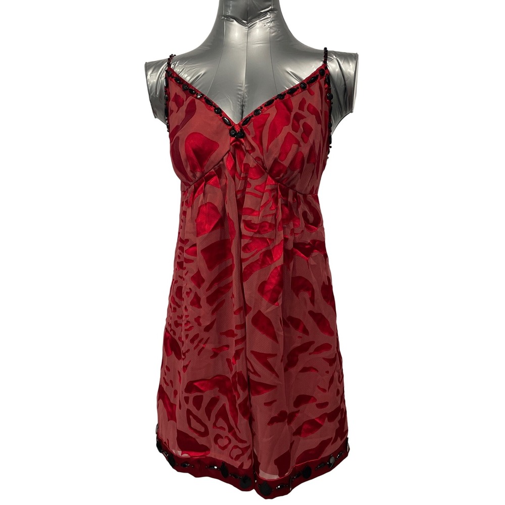 Nicole Miller Dress Womens Sz 10 Babydoll Mini Slip Dress Applique‎ Beaded Red